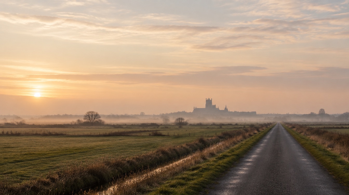 Misty Fenland fields at sunrise with Ely Cathedral on the horizon