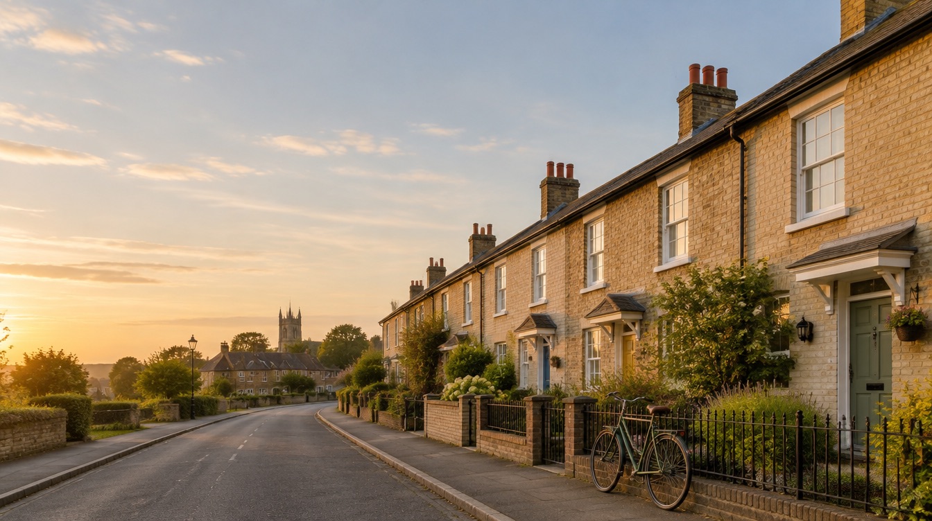 A quiet street of brick terraced homes in a Cambridgeshire town at sunset