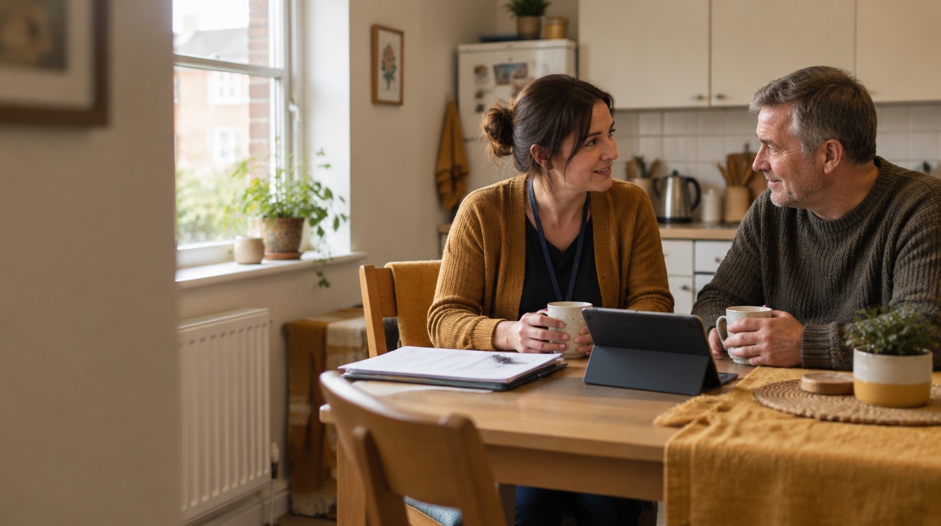 A support worker and a resident talking over mugs of tea at a kitchen table
