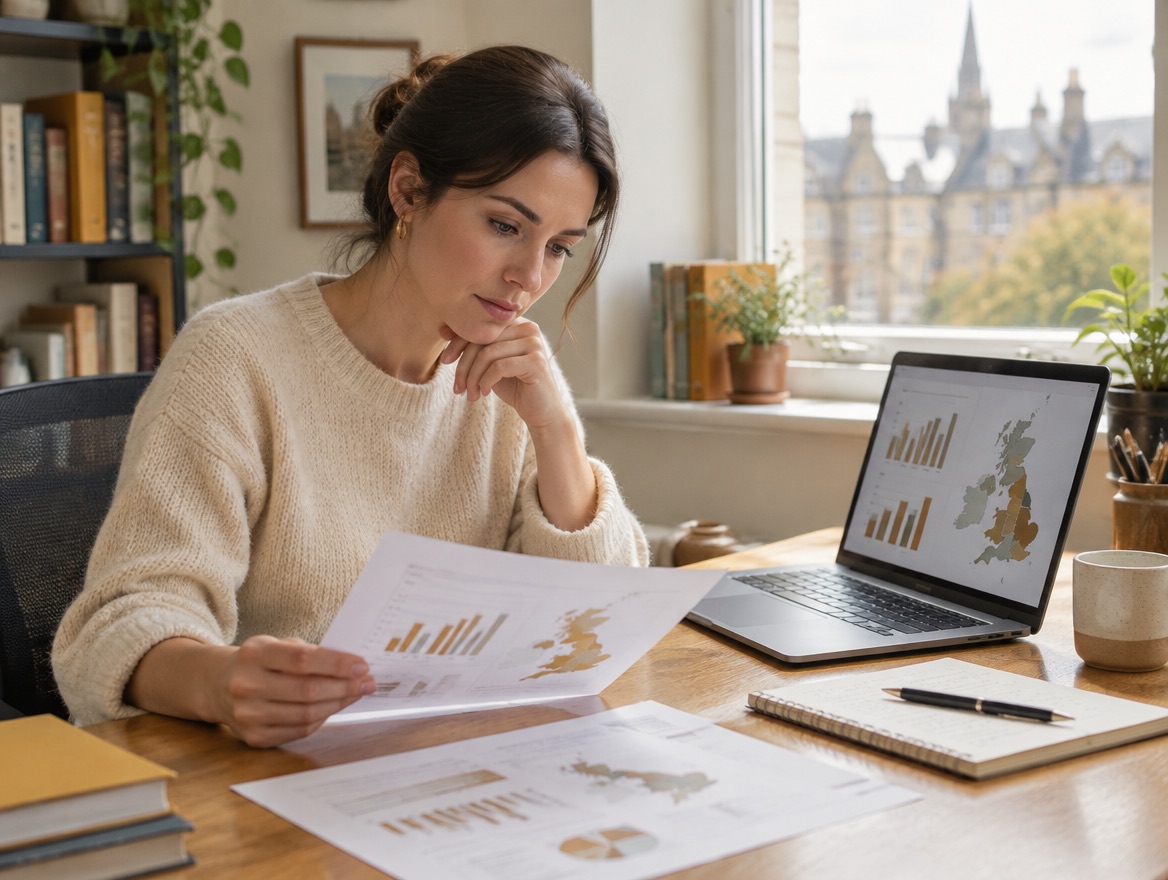 A researcher reviewing printed charts and a map on her laptop